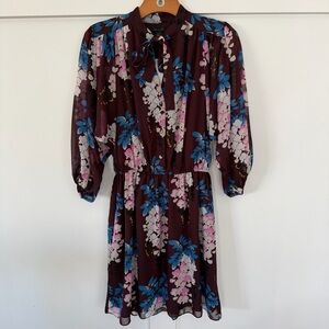 Ann Taylor Women's Dress Blouson Burgundy Floral Bow Sheer Voluminous Slv XS NWT